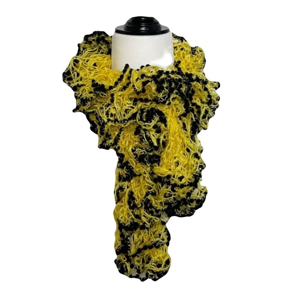 Ruffs & Pom-Poms Crocheted Yellow Black Scarf